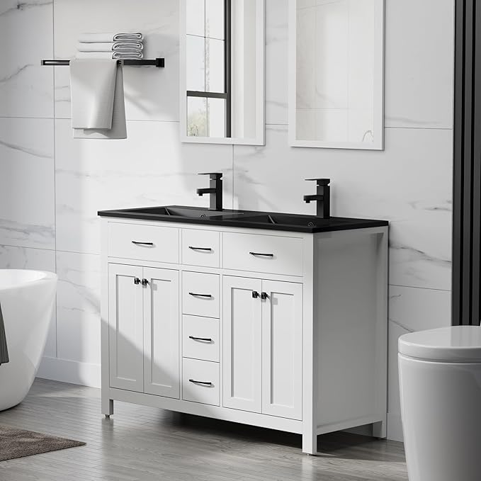 LUCKWIND 48" Modern Bathroom Vanity and Black Sink, Painted Bathroom Storage Cabinet with Double Black Sink, Four Doors and Three Drawers, Include Faucet Without Mirror, White