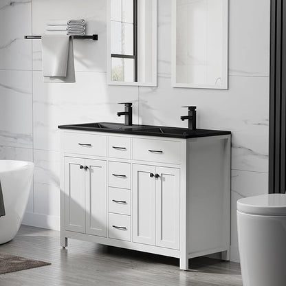 LUCKWIND 48" Modern Bathroom Vanity and Black Sink, Painted Bathroom Storage Cabinet with Double Black Sink, Four Doors and Three Drawers, Include Faucet Without Mirror, White