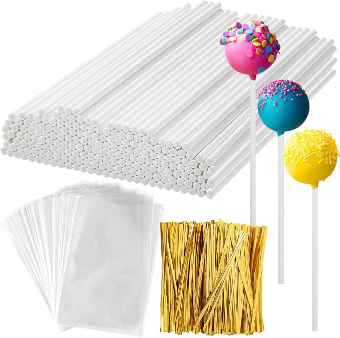 300Pcs Cake Pop Sticks and Wrappers, 6IN Cake Pop Sticks with Ties for Lollipops, Chocolates Cookies, Candies