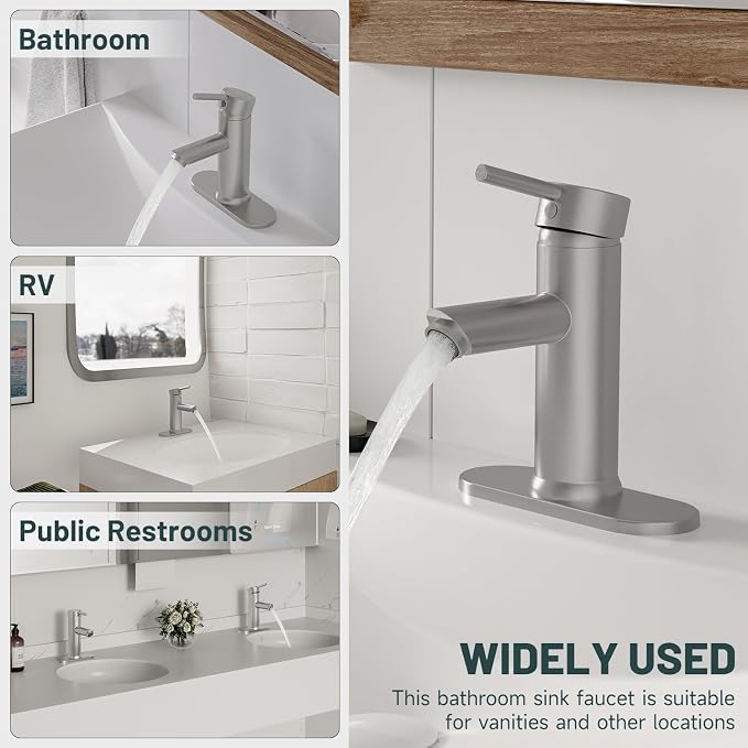 Bathroom Faucet for 1 or 3 Holes, Brushed Nickel, Brass | Single Handle Bathroom Sink Faucets, Modern Commercial Lavatory Vanity Faucet, with Deck Plate and Supply Line, Pop Up Drain