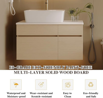 31.5" Bathroom Vanity with Counter Top Sink Combo, Wall Mounted Bathroom Cabinet with Ceramic Vessel Sink, 2 Soft Close Cabinet Doors & Drawer, Floating Modern Bath Vanity for Small Space