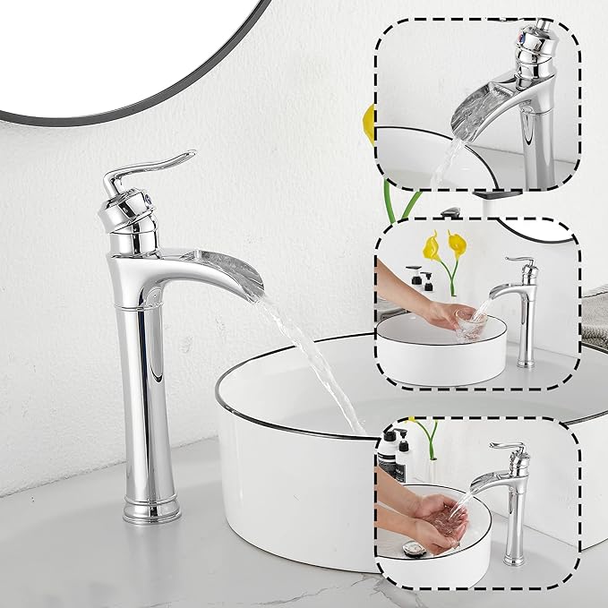 Chrome Bathroom Faucet GGStudy Waterfall Bathroom Faucet Single Handle One Hole Tall Body Farmhouse Bathroom Vessel Sink Faucet Vanity Faucet Matching with Pop Up Drain