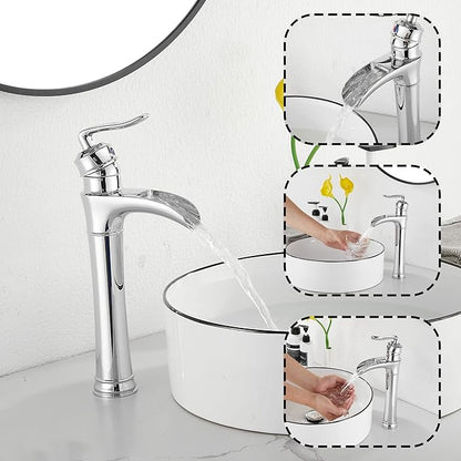 Chrome Bathroom Faucet GGStudy Waterfall Bathroom Faucet Single Handle One Hole Tall Body Farmhouse Bathroom Vessel Sink Faucet Vanity Faucet Matching with Pop Up Drain