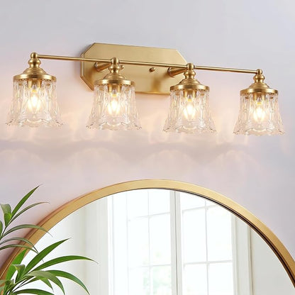 Vintage 4-Light Gold Bathroom Vanity Light, Crystal Glass Shade | Antique Style, Brushed Gold Finish, Rust-resistant Metal, E26 Base, Over Mirror Wall Lighting for Bathroom Restroom