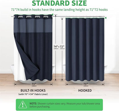 eachope No Hook Fabric Shower Curtain with Snap-in Liner,71x74 Navy Blue | Linen Texture,230GSM Thick Fabric,Hotel Luxury Decor,Mesh Window,Bottom magnetic ,Waterproof & Machine Washable,for Bathroom