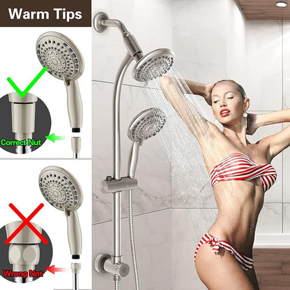 Handheld Showerhead & Rain Shower Combo for Easy Reach, 27.5" Drill-free Stainless Steel Slide Bar, 5”of 5-setting Handheld Shower and Showerhead, with 5ft Hose -Brush Nickel