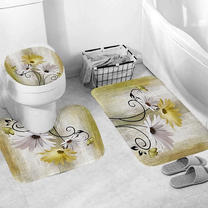 Onalasyc 4PCS Yellow Daisy Bathroom Sets with Shower Curtain and Rugs | Country Floral Butterfly Shower Curtain Set,Modern Bathroom Decor Shower Curtains Set with Rugs Toilet Lid Cover and 12 Hooks