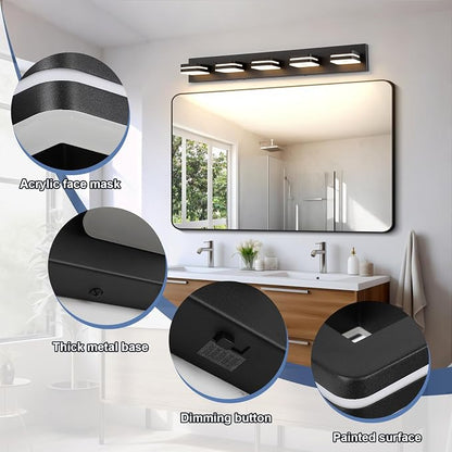 Modern Bathroom Vanity Light Fixture, 34" 5-Light Dimmable LED Wall Sconce Over Mirror, Matte Black Acrylic Vanity Lights for Bathroom, 5CCT Adjustable, Indoor Use