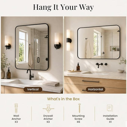 2-Pack 24x30 Inch Matte Black Rounded Rectangle Vanity Mirrors | Double Vanity or Two Bathrooms, Pair or Separate Use, Iron Frame, Layered Shadow Box Look, Two-Way Mount