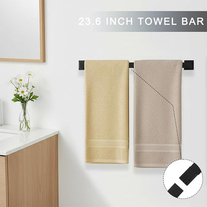 24 Inch Stainless Steel Bathroom Towel Bar Set | 5-Pieces Matte Black Towel Rack Set Bathroom Hardware Set with Toilet Paper Holder with Shelf, Bathroom Accessories Set