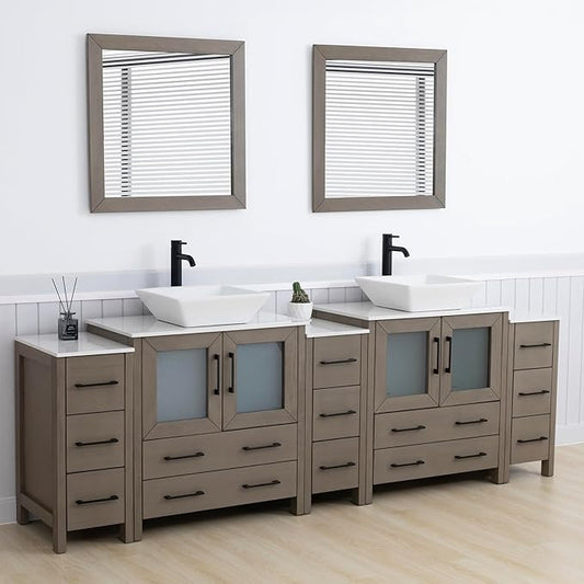Vanity Art 96 Inch Vessel Double Sink Bathroom Vanity Cabinet with 2 Mirrors, Engineered Marble Top Bathroom Cabinet Compact Set with 13 Dovetail Drawers and Soft Closing Doors, VA3130-96DG