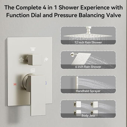 Brushed Nickel Shower System with Jets,Bostingner 4 Way Shower Faucet Set with 2 in1 Handheld,Ceiling Mount 12"+6" Rain Shower Head Wall Mounted, 4 Body Spray Jets Dual Head Shower Set