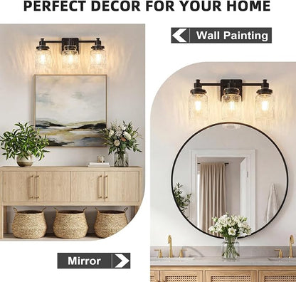 3 Light Bathroom Light Fixtures Farmhouse Black Vanity Lights | ETL Certificate, Easy to Install,Wall Mount Up or Down,Hammered Glass Lampshade,E26 Socket,Hardwired,120V