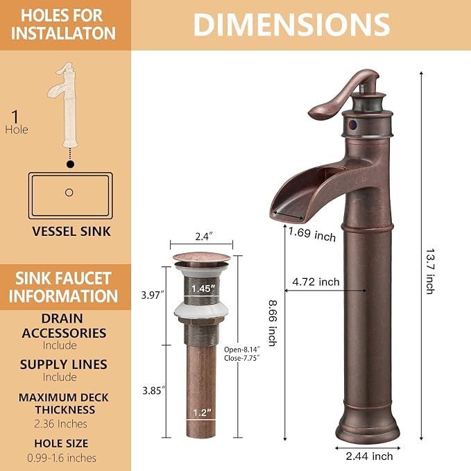 Copper Vessel Sink Faucet Tall Brass Waterfall Faucet for Vessel Sink | Bathroom Faucets Farmhouse Single Hole Single Handle Vanity Lavatory Without Overflow Pop Up Drain for Washroom by BATHLAVISH