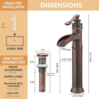 Copper Vessel Sink Faucet Tall Brass Waterfall Faucet for Vessel Sink | Bathroom Faucets Farmhouse Single Hole Single Handle Vanity Lavatory Without Overflow Pop Up Drain for Washroom by BATHLAVISH