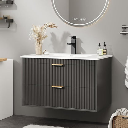 Vabches 24 Inch Bathroom Vanity with Sink, Wood Grain Wall Mounted Vanity with 2 Storage Darwers, Floating Bathroom Vanity with Storage, Bathroom Floating Vanity with Sink, Faucet, Drain, Black