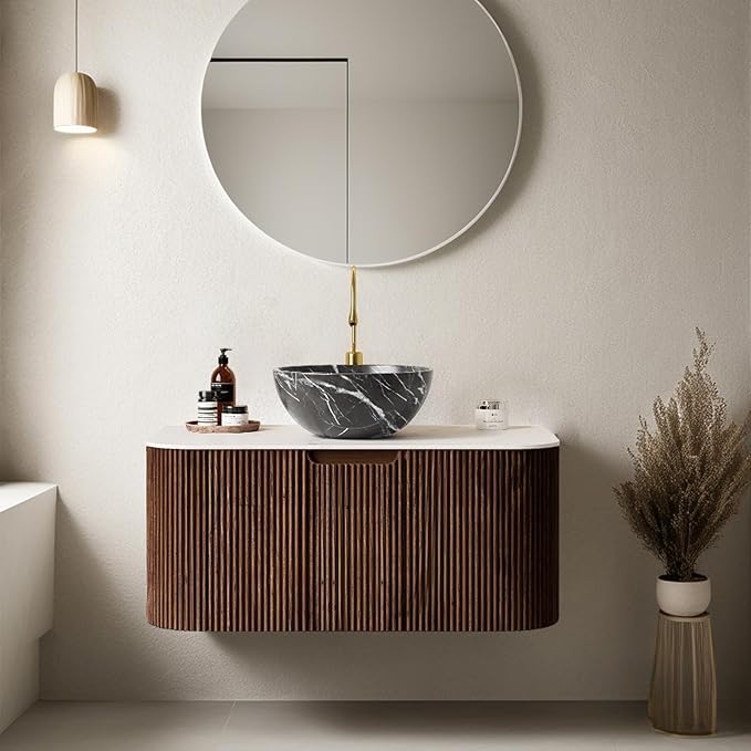 30 inch Floating Bathroom Vanity with Sink, Natural Solid Wood Modern Bathroom Vanities with Ultra-Thin Ceramic Basin and Marble Top, Soft-Close Drawer, Pre-Assembled Cabinet, Dark Walnut