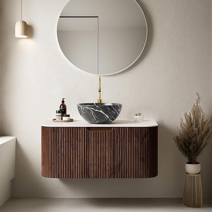 30 inch Floating Bathroom Vanity with Sink, Natural Solid Wood Modern Bathroom Vanities with Ultra-Thin Ceramic Basin and Marble Top, Soft-Close Drawer, Pre-Assembled Cabinet, Dark Walnut
