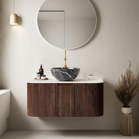 30 inch Floating Bathroom Vanity with Sink, Natural Solid Wood Modern Bathroom Vanities with Ultra-Thin Ceramic Basin and Marble Top, Soft-Close Drawer, Pre-Assembled Cabinet, Dark Walnut