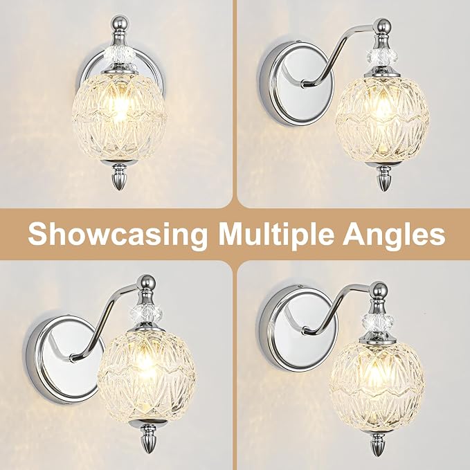 1 Piece Brushed Chrome Wall Sconce, 1-Light Mid Century Modern Brushed Chrome Finish Wall Sconce with Globe Glass Shade, Modern Light for Bathroom, Bedroom, Living Room,Powder Room
