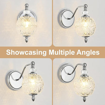 1 Piece Brushed Chrome Wall Sconce, 1-Light Mid Century Modern Brushed Chrome Finish Wall Sconce with Globe Glass Shade, Modern Light for Bathroom, Bedroom, Living Room,Powder Room