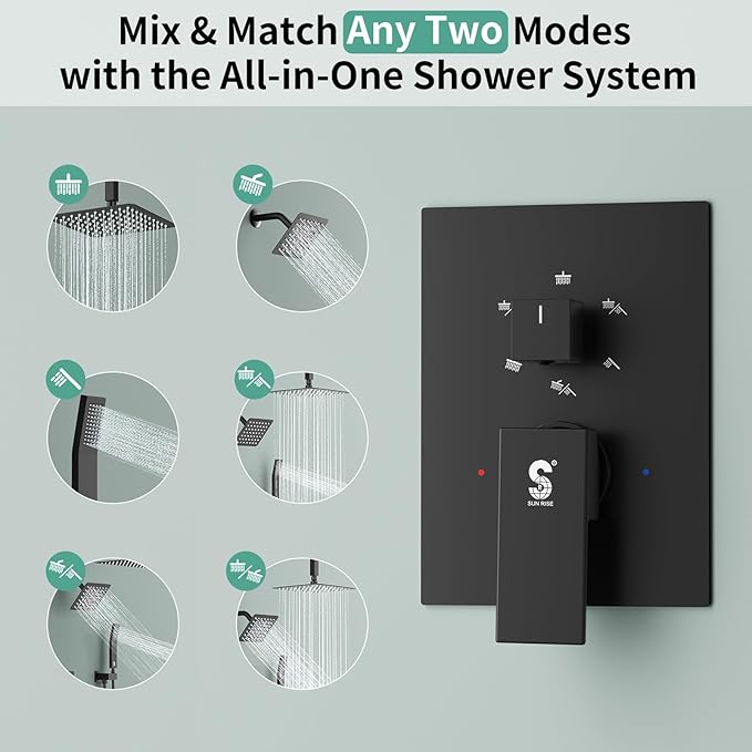 Shower Faucet Set Shower System - SR SUN RISE Matte Black Shower Trim Kit with Dual Shower Head, 10'' Ceiling Rainfall 6'' Wall Mount with Handheld Shower for Couples, Complete 6 Diverter Valve