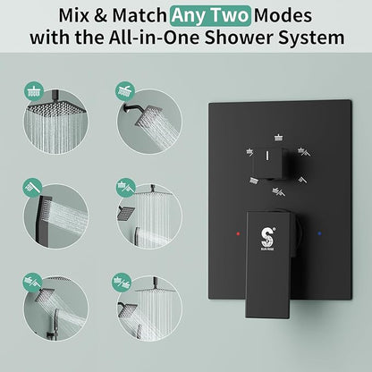 Shower Faucet Set Shower System - SR SUN RISE Matte Black Shower Trim Kit with Dual Shower Head, 10'' Ceiling Rainfall 6'' Wall Mount with Handheld Shower for Couples, Complete 6 Diverter Valve