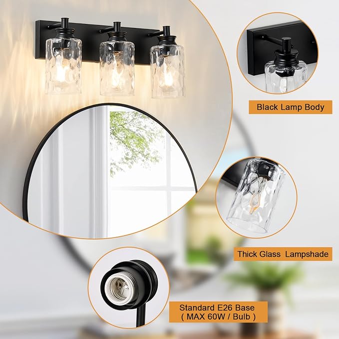 3 Light Bathroom Vanity Light Modern Black Bathroom Light Fixtures Over Mirror with Hammered Glass Lampshade for Kitchen Hallway