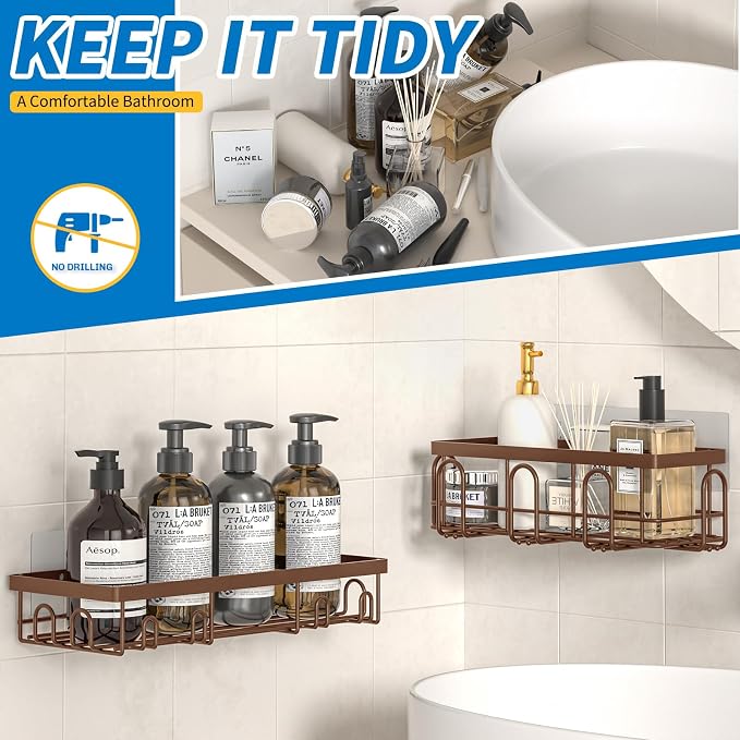 DTUQYX Shower Caddy 9 Pack,Adhesive Organizer for Bathroom Decor Accessories & Kitchen Storage,No Drilling,Large Capacity,Rustproof Stainless Steel Organizer,Home Decor Shelves (Brown 9 Pack)