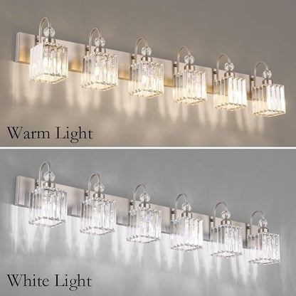 Ralbay Crystal Vanity Light for Bathroom Brushed Nickel Modern 6 Light Bathroom Lighting Fixtures Over Mirror