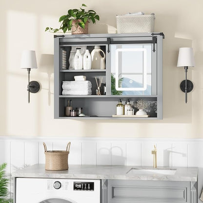 QUW 31" Farmhouse Bathroom Wall Cabinet, Bathroom Medicine Cabinets with Mirror, Over Toilet Wall Storage Cabinet, 3 Lighting Modes, Adjustable Brightness, Jewelry Holder, Sliding Door, Grey