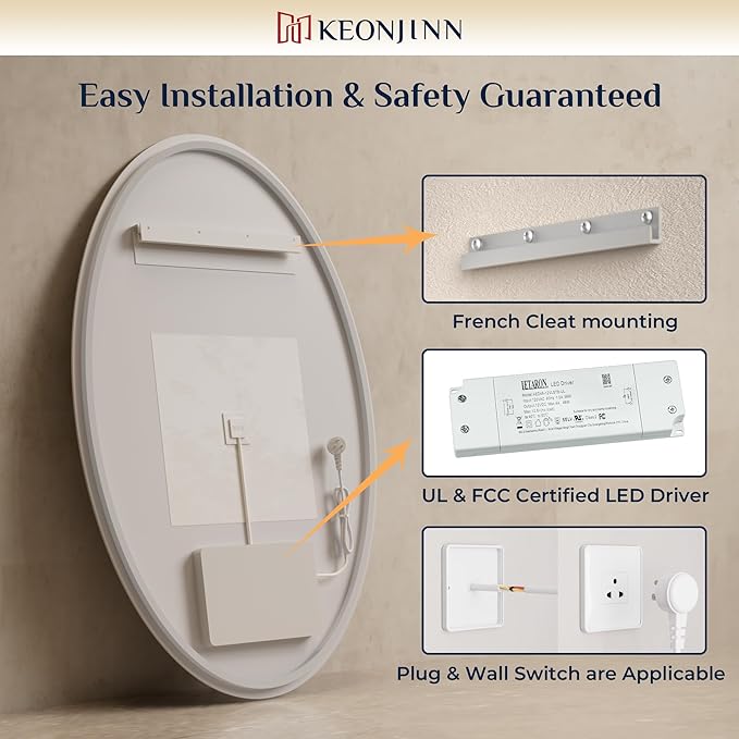 Keonjinn 22 x 30 Inch Oval LED Mirror, Frameless Backlit mirror bathroom with HD Tempered Glass, UL-Listed LED Driver, Anti-Fog, Dimmable, Memory Function, French Cleat Installation, Plug in/Hardwired