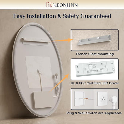 Keonjinn Oval LED Mirror for Bathroom 24" x 36", Backlit Mirror Bathroom with Dimmable 3 Colors Lights, Anti-Fog Tempered Glass Vanity Mirror, UL Listed LED Driver, Plug in/Hardwired