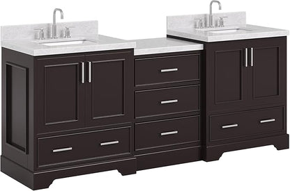 ARIEL Stafford 84-inch Bathroom Vanity with Sink,Solid Wood, 1.5in Italian Carrara Marble Countertop, Double Rectangular Porcelain Sink, 4 Soft Closing Doors, 5 Dovetail Drawers, Espresso