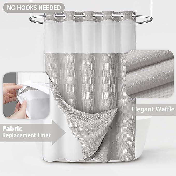 No Hook Shower Curtain and Liner Set,Light Grey Hotel Waffle Shower Curtain with Liner 81" L x 72" W