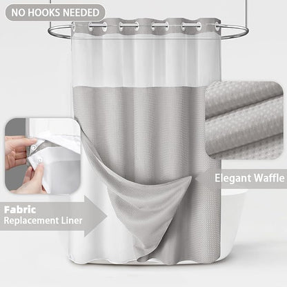 No Hook Shower Curtain and Liner Set,Light Grey Hotel Waffle Shower Curtain with Liner 81" L x 72" W