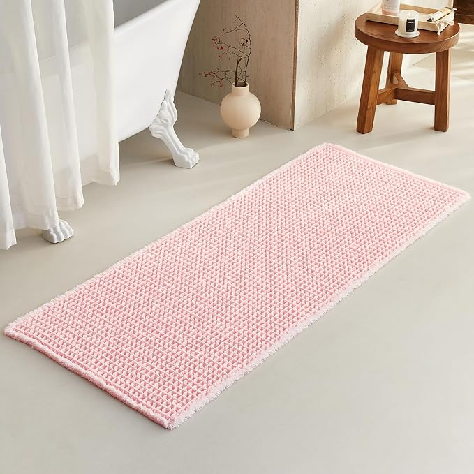 TYUU Waffle Runner Rug Bathroom, Long Cute Bath Mat 60x24 Light Peachy Pink | Super Absorbent Quick Dry Bath Rug, Non-Slip Backing, Soft Waffle Washable Farmhouse Bathroom Mats, Tub, Shower & Home Decor