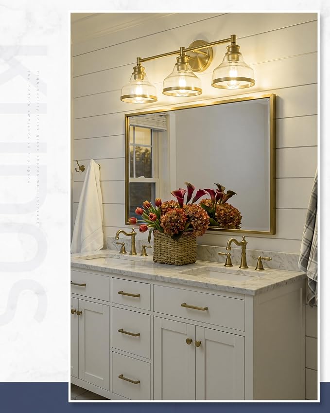 kudos 3-Light Brushed Gold Vanity Light, Clear Glass Shade | 24" bathroom light fixtures over mirror, upward or downward, E26 base, bulbs not included, Hardwired, KDVL20-GD-3
