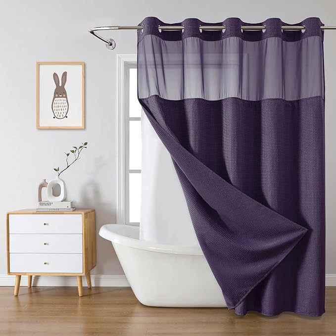 eachope No Hook Waffle Shower Curtain with Snap-in Liner, 71x74 Inch,Purple | 230 GSM waffle weave fabric, waterproof liner set with 2 bottom magnets, mesh top window, washable, for bathroom or hotel use