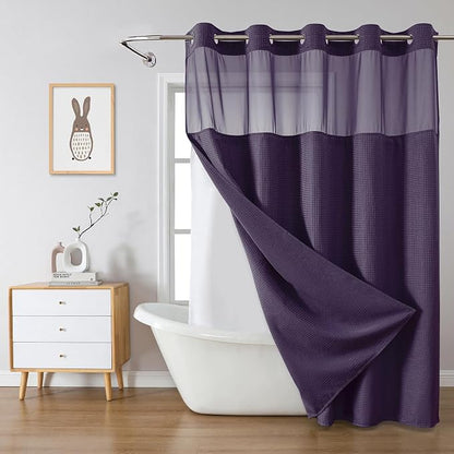 eachope No Hook Waffle Shower Curtain with Snap-in Liner, 71x74 Inch,Purple | 230 GSM waffle weave fabric, waterproof liner set with 2 bottom magnets, mesh top window, washable, for bathroom or hotel use