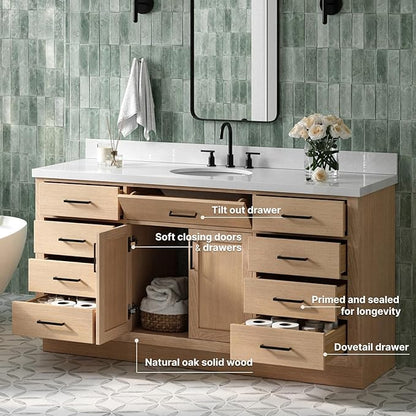 ARIEL Hepburn 66-inch Bathroom Vanity Base Cabinet,Solid Wood, 2 Soft Closing Doors, 9 Dovetail Drawers, White Oak