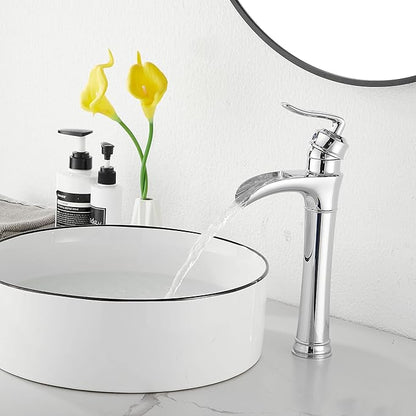 Chrome Bathroom Faucet GGStudy Waterfall Bathroom Faucet Single Handle One Hole Tall Body Farmhouse Bathroom Vessel Sink Faucet Vanity Faucet Matching with Pop Up Drain