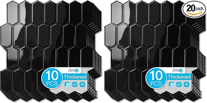 Art3d 10-Sheet Heavy-Duty Peel and Stick Backsplash, Self-Adhesive Vinyl Wall Tiles for Kitchen Countertop Bathroom, Black (Pack of 2)