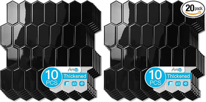 Art3d 10-Sheet Heavy-Duty Peel and Stick Backsplash, Self-Adhesive Vinyl Wall Tiles for Kitchen Countertop Bathroom, Black (Pack of 2)