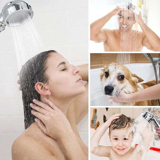 HANLIAN Chrome On/Off High Pressure Handheld Shower Head for RV Camper | 3 Spray Modes Shower Head with Pause Button, Water Saving Shower Head with Hose and Adjustable Self-adhesive Holder