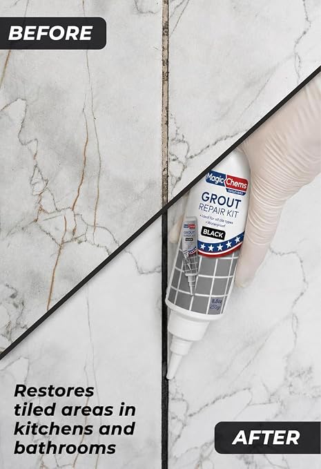 Tile Grout Repair, Black 8.8 oz/250gr. Fast Drying Grout Repair Kit, Grout Filler Tube Repair Kit, Tile Grout Paint, Grout Sealer Restore and Renew Bathroom Floor, Tile Gaps, Joints, Lines
