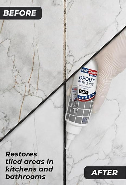 Tile Grout Repair, Black 8.8 oz/250gr. Fast Drying Grout Repair Kit, Grout Filler Tube Repair Kit, Tile Grout Paint, Grout Sealer Restore and Renew Bathroom Floor, Tile Gaps, Joints, Lines