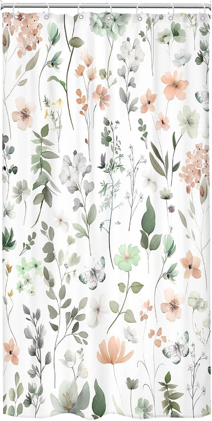 Stall Small Narrow Green Pink Floral Cute Boho Bathroom Shower Curtain Set | 36"W x 72"H Wildflower Watercolor; waterproof HD print, quick-dry fabric and plastic hooks for easy setup.