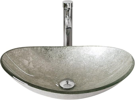 wonline Modern Bathroom Oval Glass Vessel Sink Bowl with Chrome Faucet and Pop-up Drain Combo