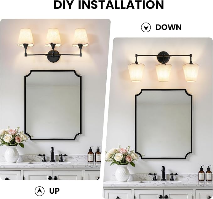 Black Bathroom Vanity Light Fixtures: 3 Light Vanity Lighting Fixtures with Flared Fabric Shade, Matte Black Bathroom Lighting Fixture over Mirror, Wall Sconce Lights for Bedroom Hallway Living Room
